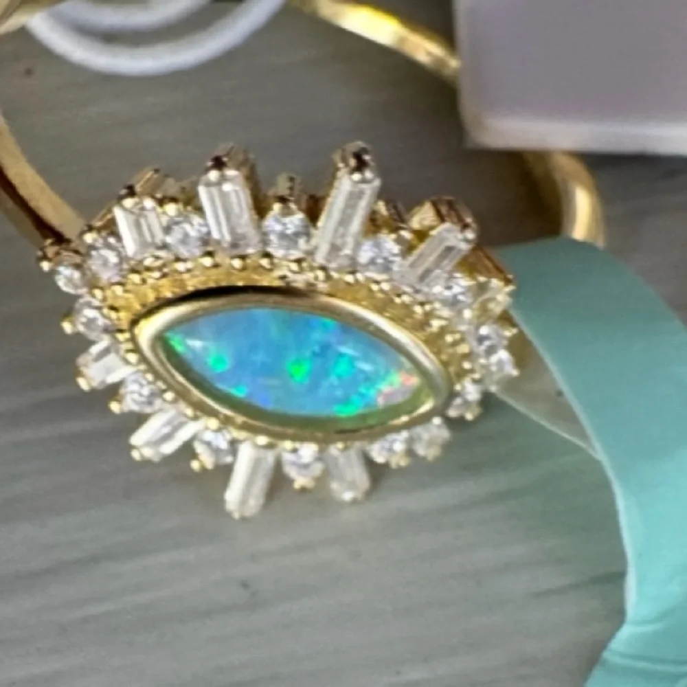NWT Vintage Genuine Opal Solid Sterling Silver Gold Over Evil Eye Ring Size 7